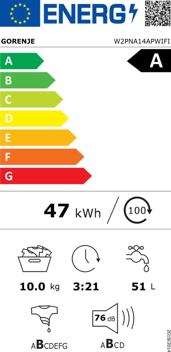 GORENJE W2PNA14APWIFI elöltöltős inverteres Gőzmosógép, 10kg, 1400f., A energia, Power Wash, Gőzprogram - Image 6