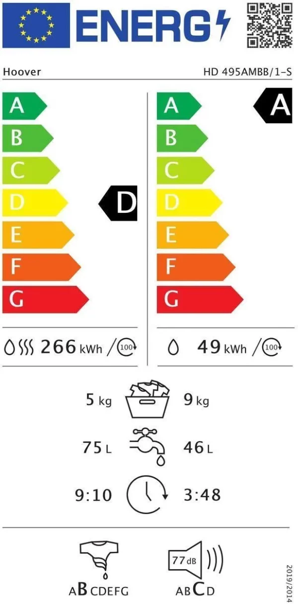 HOOVER HD 495AMBB/1-S mosó-szárítógép,Eco Power Inverter motor,Wifi + Bluetooth,Gőzfunkció,Alexa és Google Assistant - Image 2