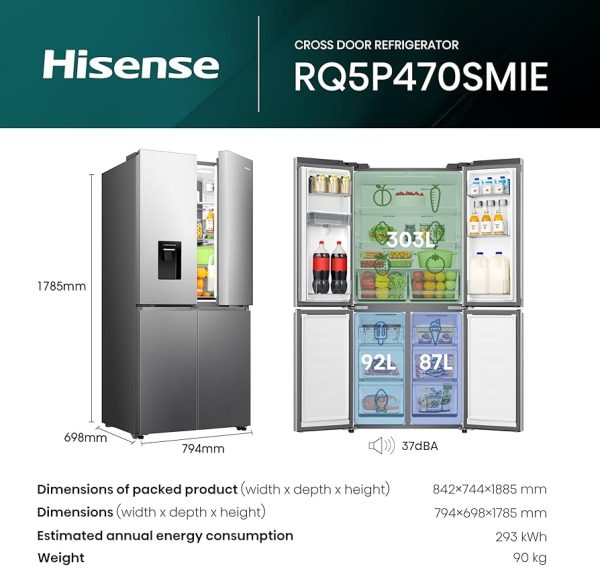 HISENSE RQ5P470SMIE Inverteres 4 ajtós side by side hűtő, A++, 482L.Total NoFrost