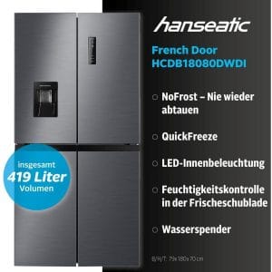 Hanseatic HCDB18080DWDI 4 ajtós vízadagolós Side By Side hűtő, C energia(A+++), 419L.